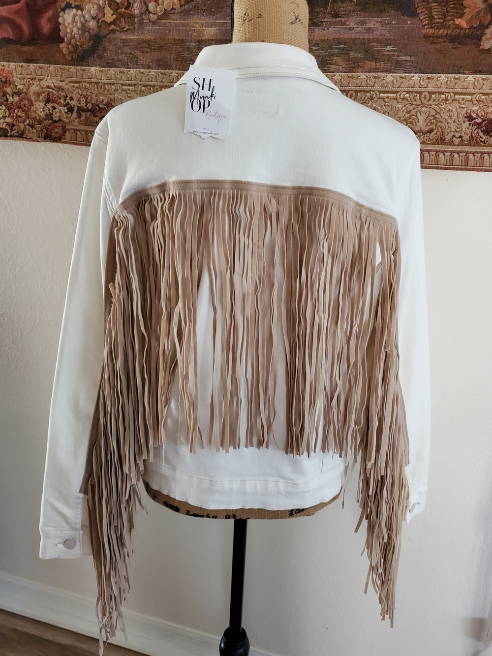 Judy Blue White Denim Jacket with Tan Fringe Back
